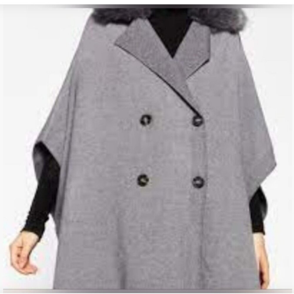 NWT Zara Cape Poncho Gray Faux Fur Collar Size M - Picture 4 of 6